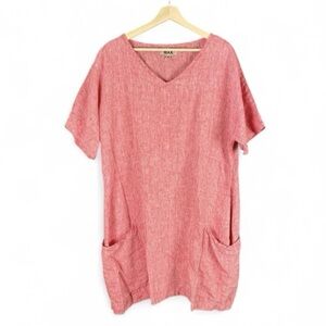 Flax Linen Red Dress M Lagenlook Boho Minimalist Loose Fit Short Sleeve Pockets